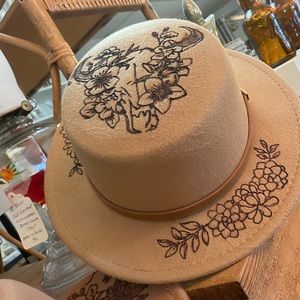 Flat top hat with skull and cactus designs hand burned